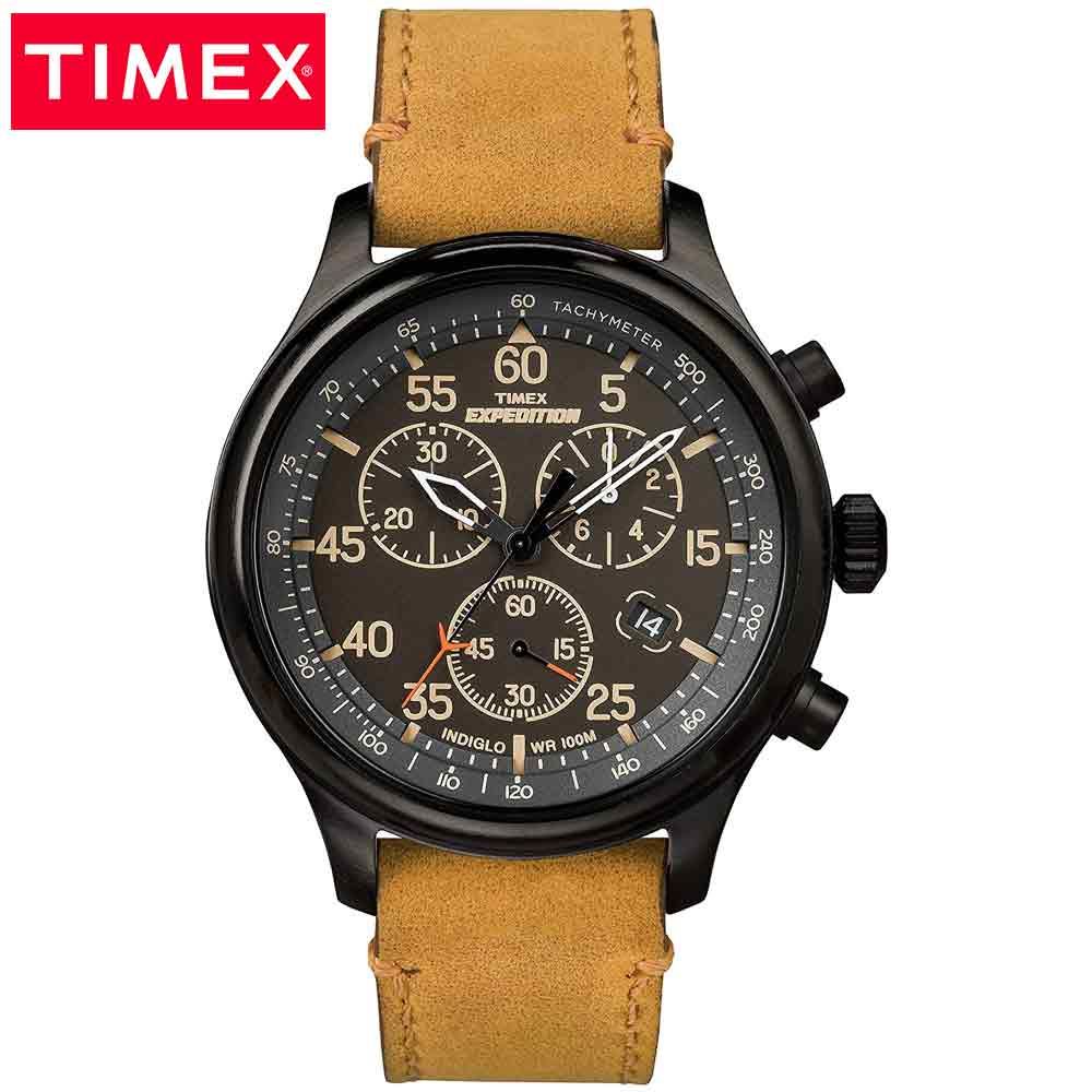 Reloj Timex Expedition Field TW4B12300 Luz Indiglo Fecha Cronómetro Cuero Beige Dial Negro